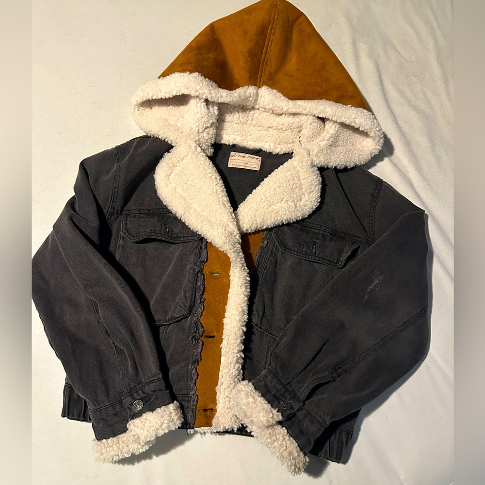 Free people Jean jacket, suede hood and Sherpa collar